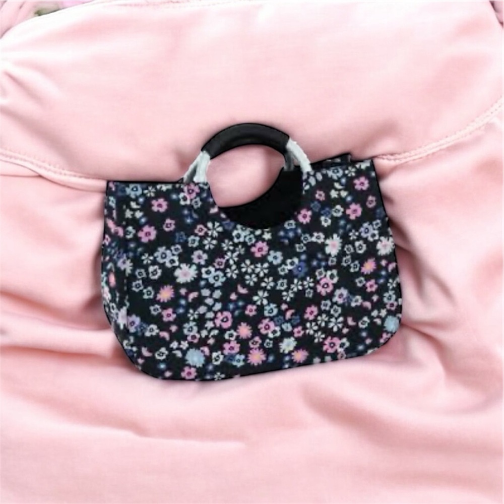 Black Floral Nylon Tote Bag Large Padded Handles